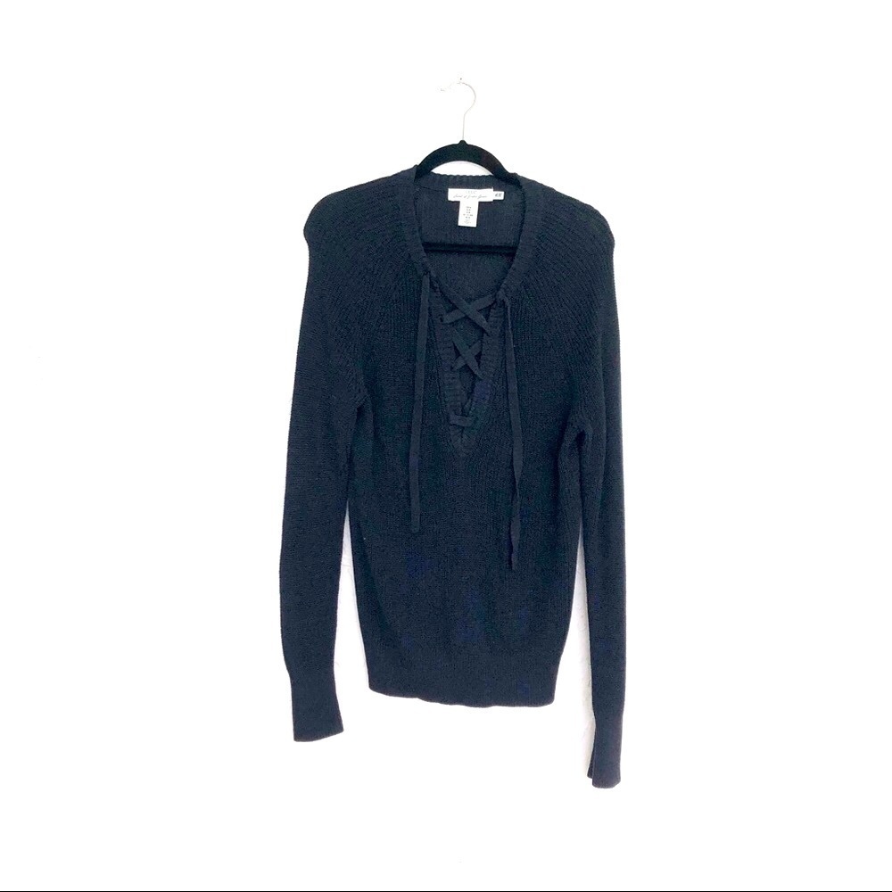 H&M LOGG Label of Graded Goods Womens Navy Lace-Up V Neck Sweater Size Medium